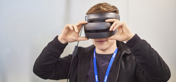 Games development student at Hartlepool Sixth Form College, wearing a VR headset