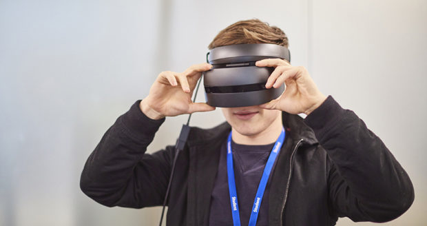 Games development student at Hartlepool Sixth Form College, wearing a VR headset