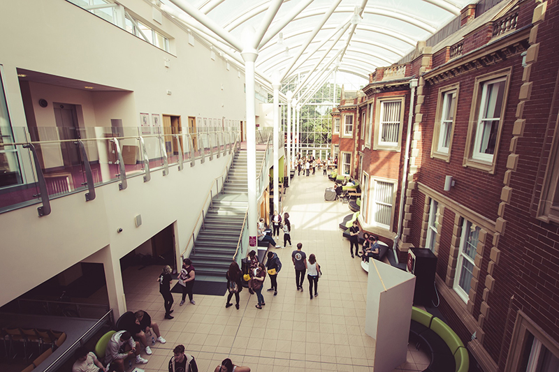 A group of students were standing inside the atrium of the Hartlepool Sixth Form College.